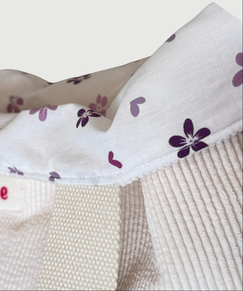 Witte ribcord xl shopper reversible met paarse bloemenprint voering handgemaakt ByDine